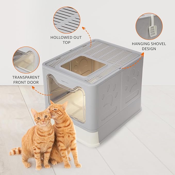Basics Foldable Covered Cat Litter Box with Anti-Spill Tray | Easy Cleaning | Spacious Design | Top and Side Openings