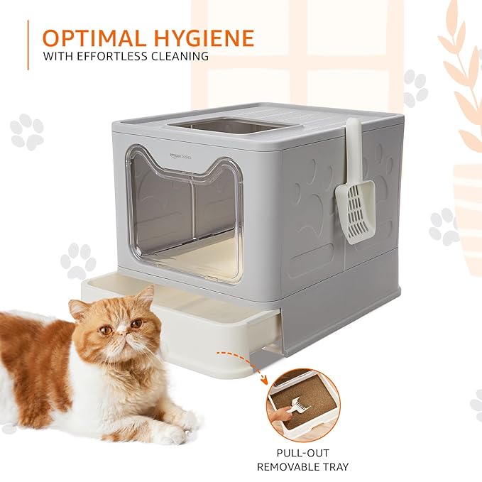 Basics Foldable Covered Cat Litter Box with Anti-Spill Tray | Easy Cleaning | Spacious Design | Top and Side Openings