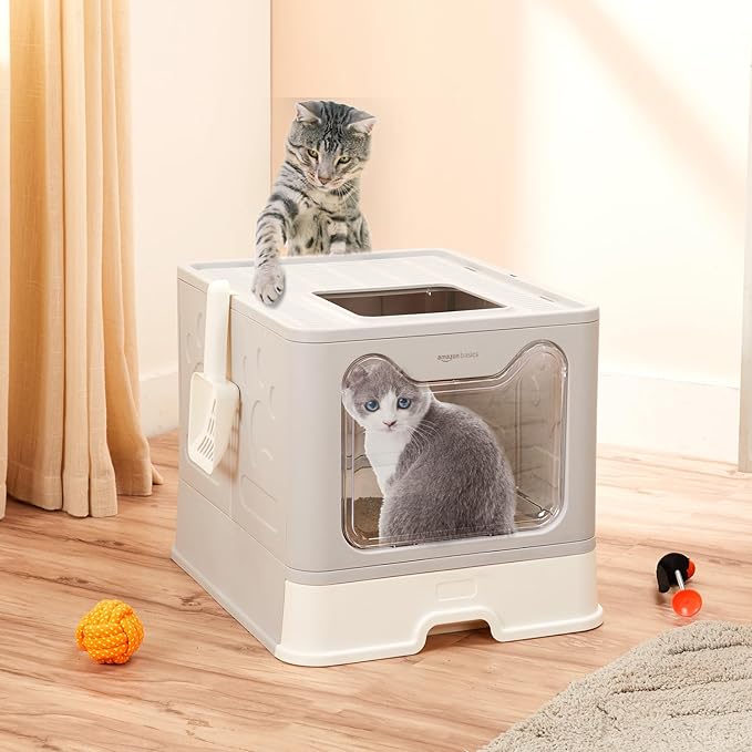 Basics Foldable Covered Cat Litter Box with Anti-Spill Tray | Easy Cleaning | Spacious Design | Top and Side Openings