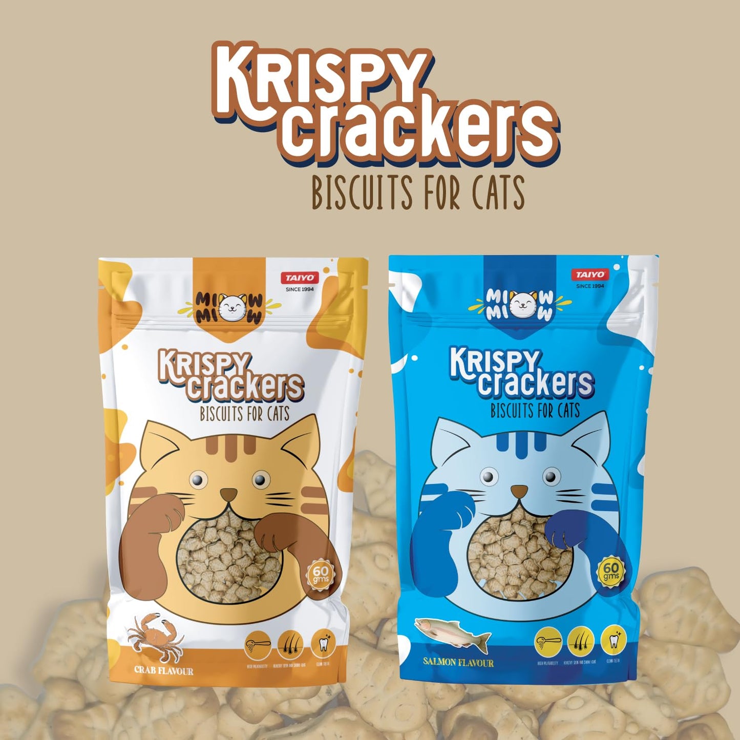 Taiyo Miow Miow Krispy Crackers Crunchy Cat Treats, 60g – Crab Flavour | High-Protein Biscuits with Fiber, Vitamins & Minerals | Healthy Cat Snack for All Life Stages