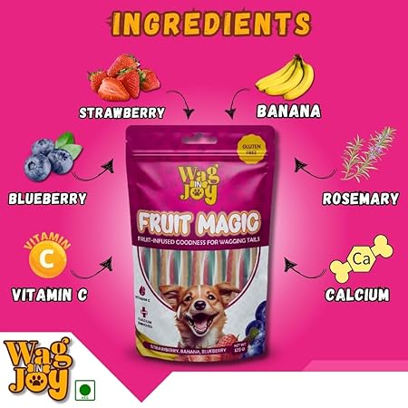 Wag in Joy Fruit Magic Veg Treats for Dogs | Vitamin C, Calcium Enriched | Gluten Free | Mix Fruit, Strawberry, Blueberry & Banana Flavour, 125 gm (Stick Shape)