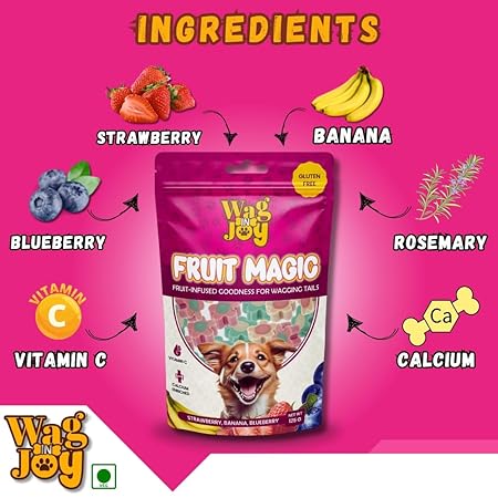 Wag in Joy Fruit Magic Veg Treats for Dogs | Vitamin C, Calcium Enriched | Gluten Free | Mix Fruit, Strawberry, Blueberry & Banana Flavour, 125 gm (Flower Shape)