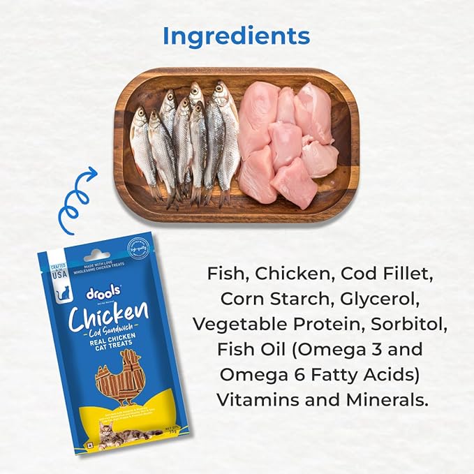 Drools Real Chicken Cod Sandwhich, Cat Treats Stick, 35gm | Rich in Protein, No Artificial Preservatives | Best for Training & Bonding | for Kitten & Adult