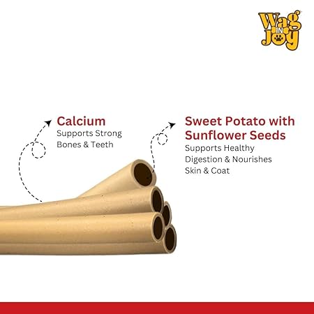 WAG IN JOY Calcium Super Treats, Sweet Potato with Sunflower Seeds Sticks 125 GMS | 100% Vegetarian Dog Treat| Supports Digestive Health | Strong Bones and Joint| with Omega 3|Young