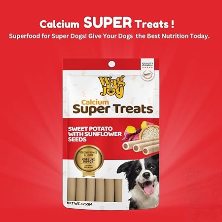 WAG IN JOY Calcium Super Treats, Sweet Potato with Sunflower Seeds Sticks 125 GMS | 100% Vegetarian Dog Treat| Supports Digestive Health | Strong Bones and Joint| with Omega 3|Young