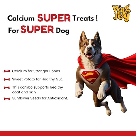 WAG IN JOY Calcium Super Treats, Sweet Potato with Sunflower Seeds Sticks 125 GMS | 100% Vegetarian Dog Treat| Supports Digestive Health | Strong Bones and Joint| with Omega 3|Young