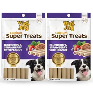 WAG IN JOY Calcium Super Treats Sticks |100% Vegetarian Dog Food| with Blueberry, Strawberry & Peanuts | Strong Bones and Joint | with Omega 3| 125 GMS| Pack of 1 |