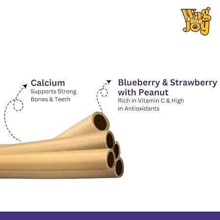 WAG IN JOY Calcium Super Treats Sticks |100% Vegetarian Dog Food| with Blueberry, Strawberry & Peanuts | Strong Bones and Joint | with Omega 3| 125 GMS| Pack of 1 |