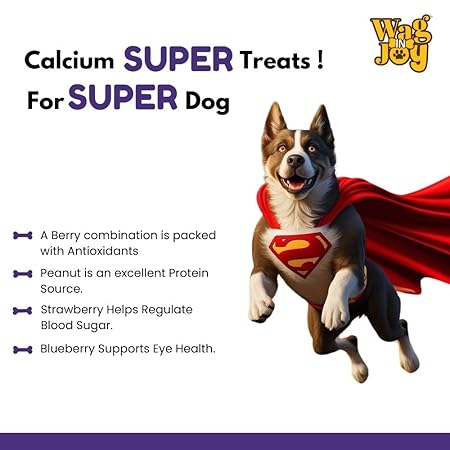 WAG IN JOY Calcium Super Treats Sticks |100% Vegetarian Dog Food| with Blueberry, Strawberry & Peanuts | Strong Bones and Joint | with Omega 3| 125 GMS| Pack of 1 |