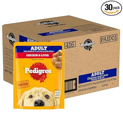Pedigree Adult Wet Dog Food, Chicken & Liver Chunks in Gravy, 70 g (Pack of 30), Complete & Balanced Meal for Adult Dogs