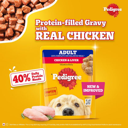 Pedigree Adult Wet Dog Food, Chicken & Liver Chunks in Gravy, 70 g (Pack of 30), Complete & Balanced Meal for Adult Dogs