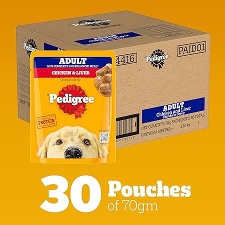 Pedigree Adult Wet Dog Food, Chicken & Liver Chunks in Gravy, 70 g (Pack of 30), Complete & Balanced Meal for Adult Dogs