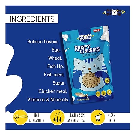 Taiyo Miow Miow Krispy Crackers Crunchy Cat Treats, 60g – Salmon Flavour | High-Protein Biscuits with Fiber, Vitamins & Minerals | Healthy Cat Snack for All Life Stages