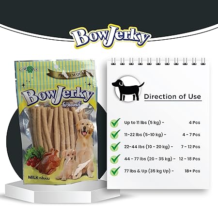 Bow Jerky Chicken and Milk Dog Treats for All Life Stages - Protein Rich Jerky Stick for Training, Reward and Snacking, 200 gm