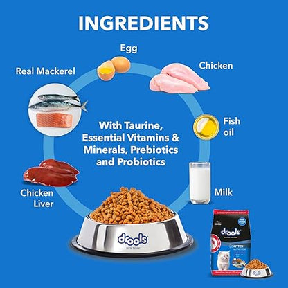 Drools Kitten Dry Cat Food, Mackerel Flavour 1 kg with Free Container Pack