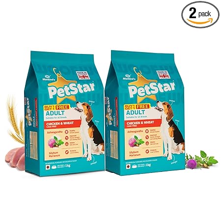 Mankind Petstar Adult Dry Dog Food (High Protein) Chicken & Wheat Flavor, 1kg (Pack of 2)| Improves Muscle & Strength, Supports Immunity, Protects Liver & Kidney
