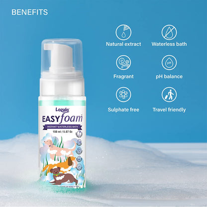 Lozalo Easy Foam Rinse Free Pet Dry Shampoo - 150ml, Instantly Clean and Fresh Fur Bath of All Breeds of Dogs & Pups, Sulphate Free, Paraben Free, pH Balanced, with Shikakai Extract
