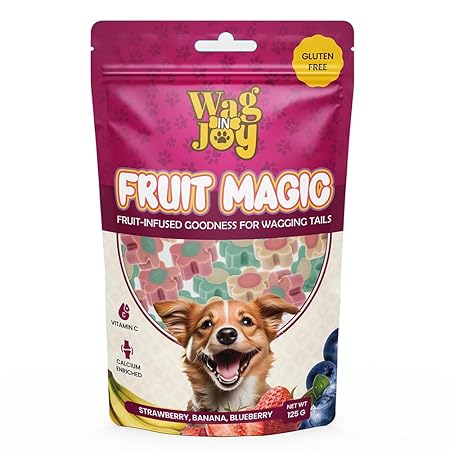 Wag in Joy Fruit Magic Veg Treats for Dogs | Vitamin C, Calcium Enriched | Gluten Free | Mix Fruit, Strawberry, Blueberry & Banana Flavour, 125 gm (Flower Shape)