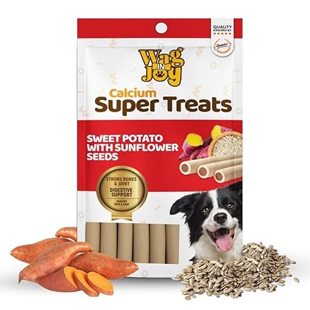 WAG IN JOY Calcium Super Treats, Sweet Potato with Sunflower Seeds Sticks 125 GMS | 100% Vegetarian Dog Treat| Supports Digestive Health | Strong Bones and Joint| with Omega 3|Young