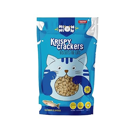 Taiyo Miow Miow Krispy Crackers Crunchy Cat Treats, 60g – Salmon Flavour | High-Protein Biscuits with Fiber, Vitamins & Minerals | Healthy Cat Snack for All Life Stages