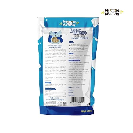 Taiyo Miow Miow Krispy Crackers Crunchy Cat Treats, 60g – Salmon Flavour | High-Protein Biscuits with Fiber, Vitamins & Minerals | Healthy Cat Snack for All Life Stages