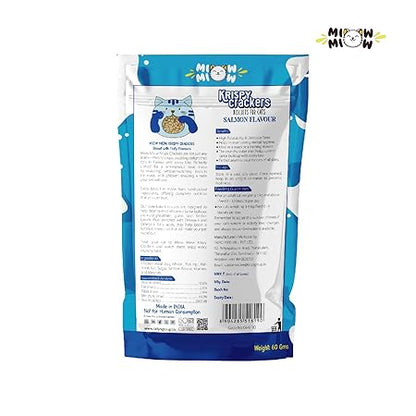 Taiyo Miow Miow Krispy Crackers Crunchy Cat Treats, 60g – Salmon Flavour | High-Protein Biscuits with Fiber, Vitamins & Minerals | Healthy Cat Snack for All Life Stages