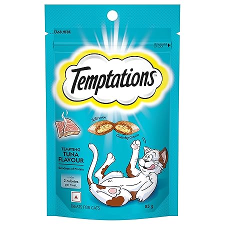 Temptations Crunchy Cat Treats, Tempting Tuna Flavour, 85 g, Goodness of Protein, Vitamins & Minerals, Soft Inside Crunchy Outside