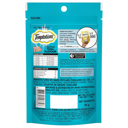 Temptations Crunchy Cat Treats, Tempting Tuna Flavour, 85 g, Goodness of Protein, Vitamins & Minerals, Soft Inside Crunchy Outside