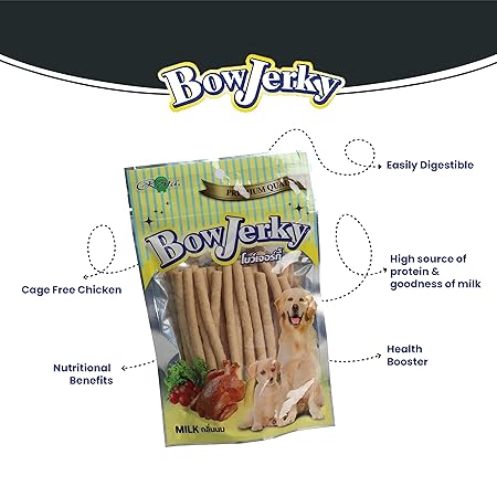 Bow Jerky Chicken and Milk Dog Treats for All Life Stages - Protein Rich Jerky Stick for Training, Reward and Snacking, 200 gm