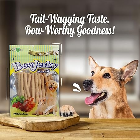 Bow Jerky Chicken and Milk Dog Treats for All Life Stages - Protein Rich Jerky Stick for Training, Reward and Snacking, 200 gm