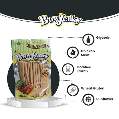 Bow Jerky Chicken and Milk Dog Treats for All Life Stages - Protein Rich Jerky Stick for Training, Reward and Snacking, 200 gm