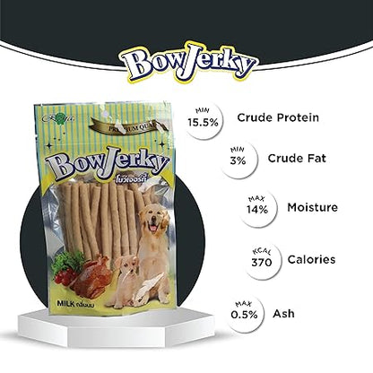 Bow Jerky Chicken and Milk Dog Treats for All Life Stages - Protein Rich Jerky Stick for Training, Reward and Snacking, 200 gm