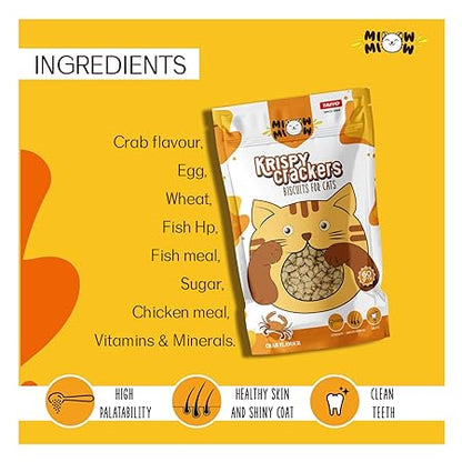Taiyo Miow Miow Krispy Crackers Crunchy Cat Treats, 60g – Crab Flavour | High-Protein Biscuits with Fiber, Vitamins & Minerals | Healthy Cat Snack for All Life Stages
