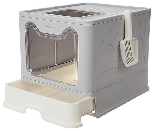 Basics Foldable Covered Cat Litter Box with Anti-Spill Tray | Easy Cleaning | Spacious Design | Top and Side Openings