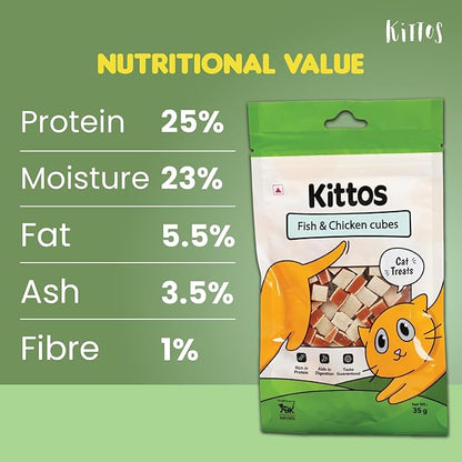 Kittos Protein Rich Fish Chicken Cubes (35g) Treats – All Cat Breeds for Training & Rewards (Pack of 1)