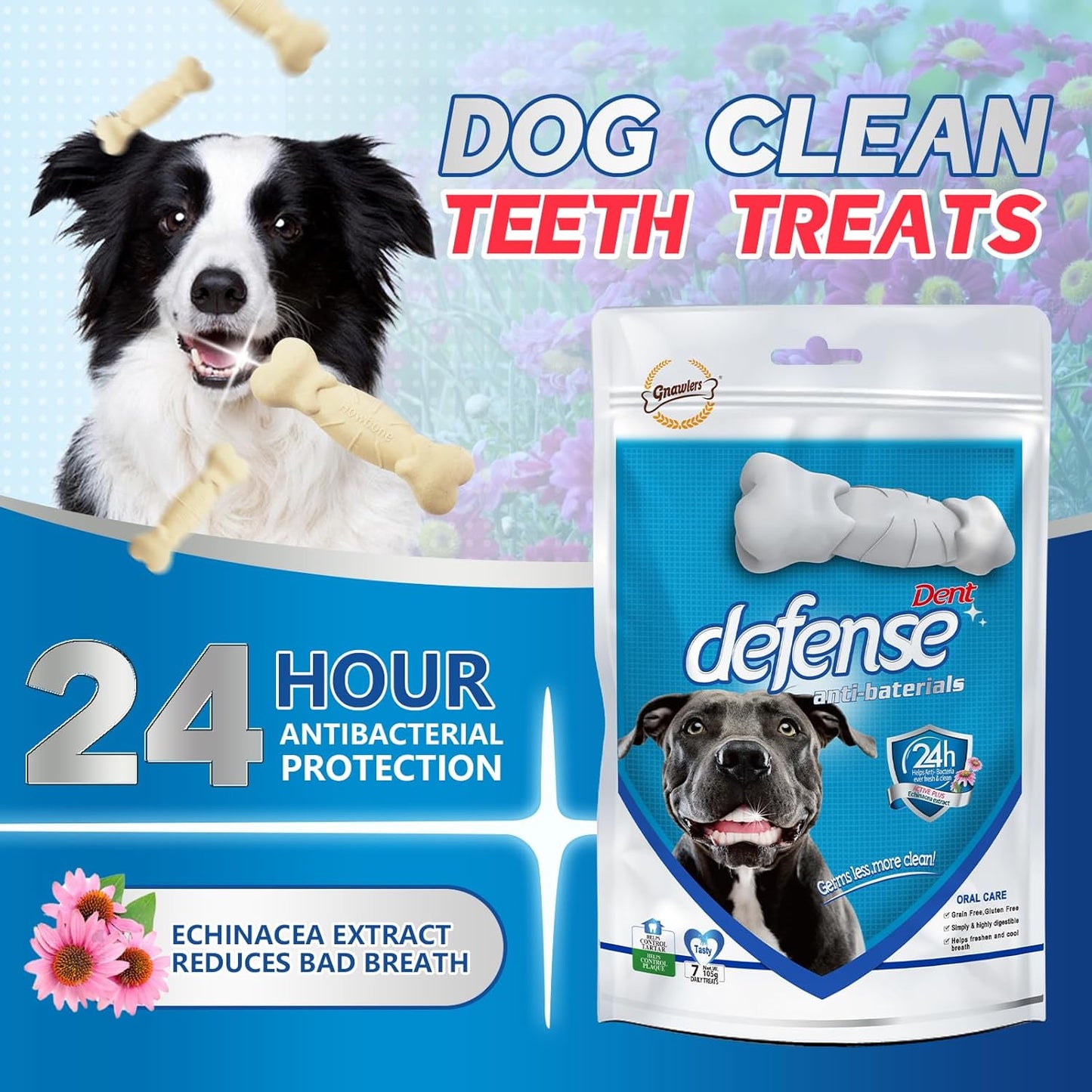 Faywell Dent Defense, Dog Teeth Cleaning Treats, All Natural Echinacea, Fresh Breath for 24 Hours, Protect Dental Health, 7pcs/Pack, 105g