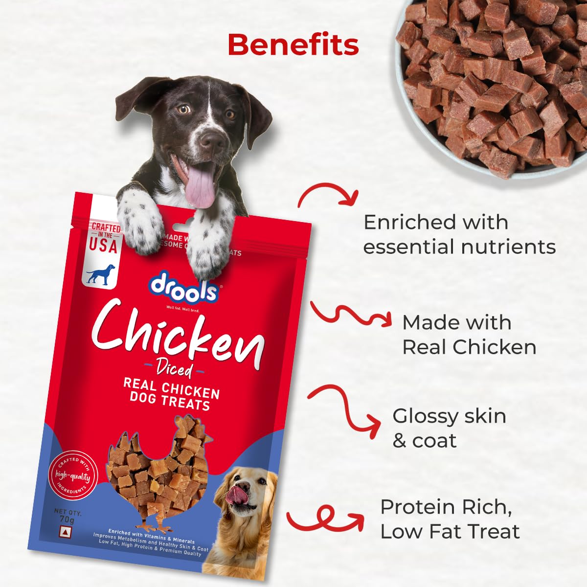 Drools Chicken Diced Dog Treats,70 Gm Pack | Rich in Protein, No Artificial Preservatives | Best for Training & Bonding | for Puppy & Adult | Formulated in USA | Premium Treats |