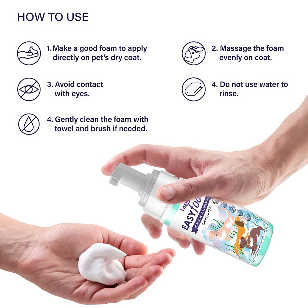 Lozalo Easy Foam Rinse Free Pet Dry Shampoo - 150ml, Instantly Clean and Fresh Fur Bath of All Breeds of Dogs & Pups, Sulphate Free, Paraben Free, pH Balanced, with Shikakai Extract