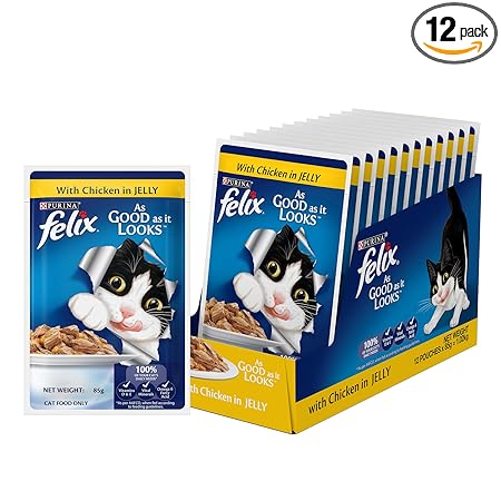 Purina Felix with Chicken in Jelly | Wet Food for Adults | Complete and Balanced Cat Food, Pack of 12 Pouches (12 x 85 g)