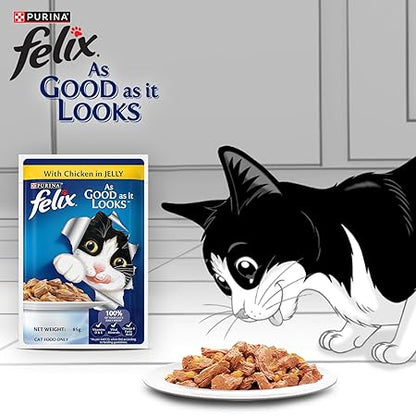 Purina Felix with Chicken in Jelly | Wet Food for Adults | Complete and Balanced Cat Food, Pack of 12 Pouches (12 x 85 g)
