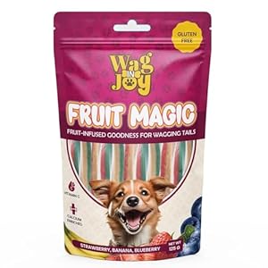 Wag in Joy Fruit Magic Veg Treats for Dogs | Vitamin C, Calcium Enriched | Gluten Free | Mix Fruit, Strawberry, Blueberry & Banana Flavour, 125 gm (Stick Shape)