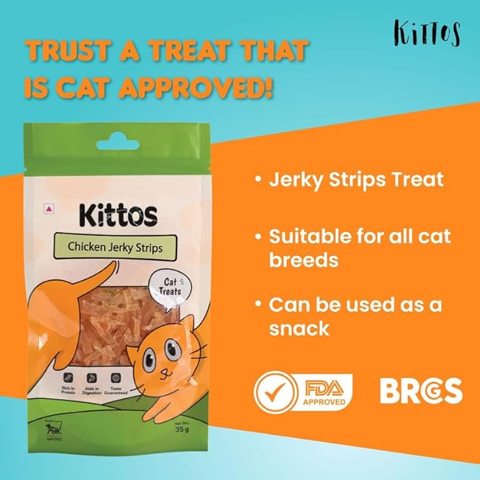 Kittos Chicken Jerky Strips Cat Treats Suitable for Training Rewards and Feeding Snacks, 35 gm Each, Packs of 1
