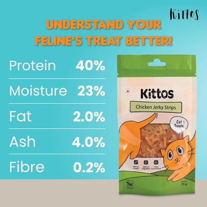 Kittos Chicken Jerky Strips Cat Treats Suitable for Training Rewards and Feeding Snacks, 35 gm Each, Packs of 1