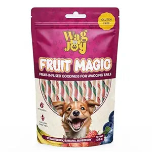 Wag in Joy Fruit Magic Veg Treats for Dogs | Vitamin C, Calcium Enriched | Gluten Free | Mix Fruit, Strawberry, Blueberry & Banana Flavour, 125 gm (Twisted Shape)