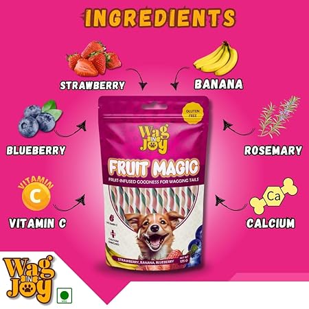 Wag in Joy Fruit Magic Veg Treats for Dogs | Vitamin C, Calcium Enriched | Gluten Free | Mix Fruit, Strawberry, Blueberry & Banana Flavour, 125 gm (Twisted Shape)
