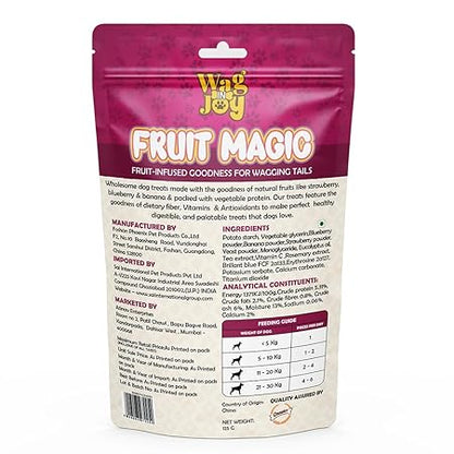 Wag in Joy Fruit Magic Veg Treats for Dogs | Vitamin C, Calcium Enriched | Gluten Free | Mix Fruit, Strawberry, Blueberry & Banana Flavour, 125 gm (Twisted Shape)