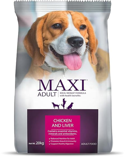 Maxi Adult Dry Dog Food, Chicken and Liver, 20 kg Pack.