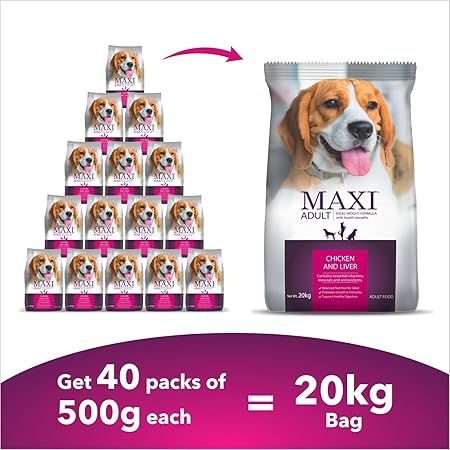 Maxi Adult Dry Dog Food, Chicken and Liver, 20 kg Pack.