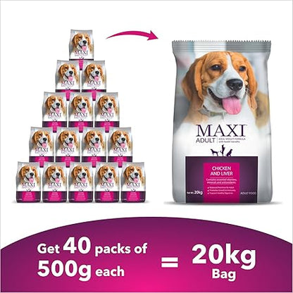 Maxi Adult Dry Dog Food, Chicken and Liver, 20 kg Pack.