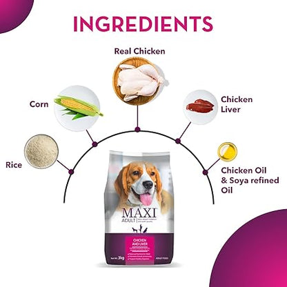 Maxi Adult Dry Dog Food, Chicken and Liver, 20 kg Pack.